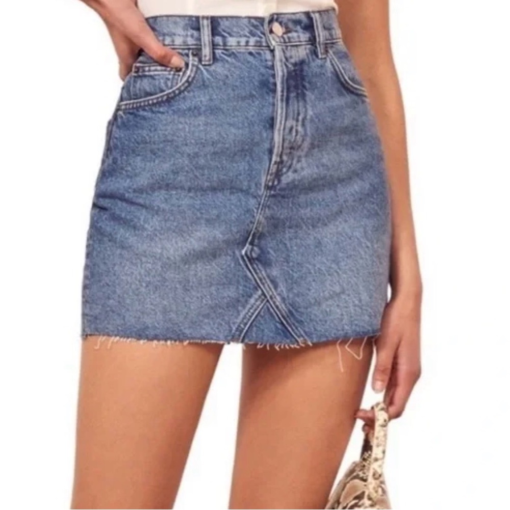 Reformation Blue Denim Medium Wash Raw-Hem Mini Skirt